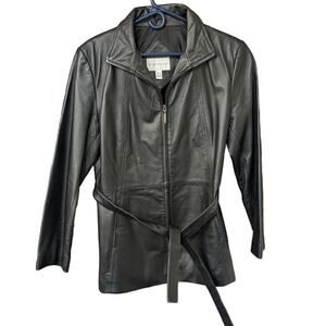 Worthington ZIP UP  Belted Genuine Leather Jacket black womens Medium
